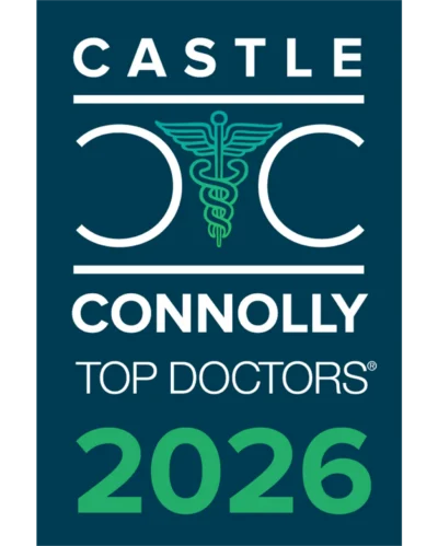 Castle Connolly Top Doctors 2026 award badge with medical caduceus symbol on dark blue background